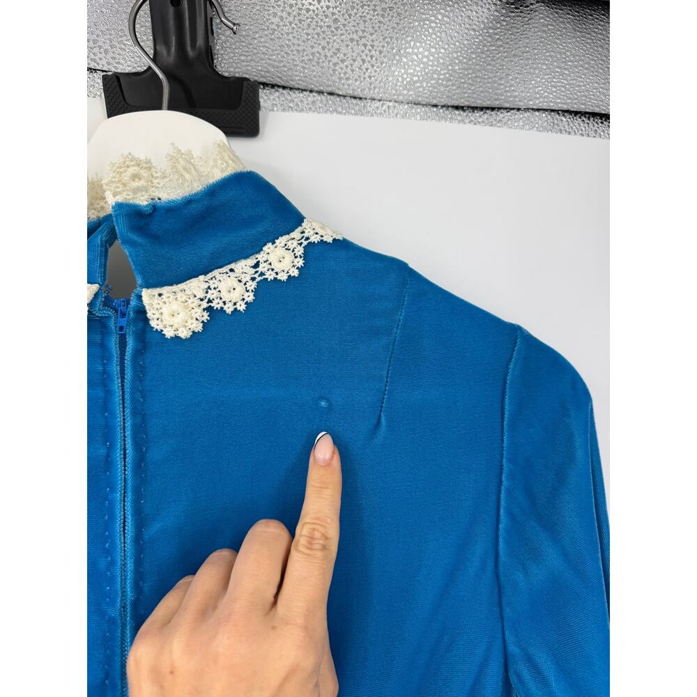 Vintage Handmade Blue Velvet Maxi Dress Lace Trim Prairie Victorian Cottagecore - Picture 8 of 16